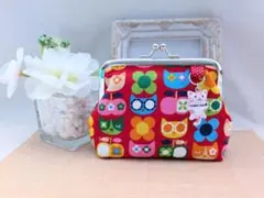 カラフルねこちゃんがいっぱい♡レッド　 がま口　小銭•小物入れ　 ハンドメイド