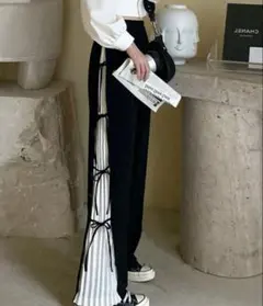 【EPICKS】サイドリボン スリット プリーツ ストレートパンツ