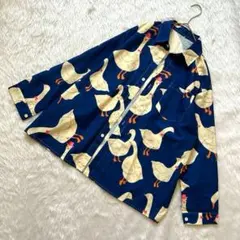 【美品】 アヒル柄 総柄シャツ 長袖 ネイビー ビッグシルエット ユニセックス