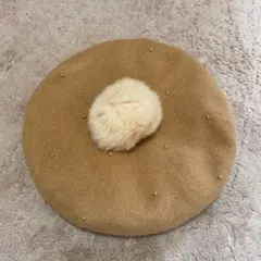 【新品】ベレー帽 スタッズ ラビット ポンポン ファー ベージュ フェルト