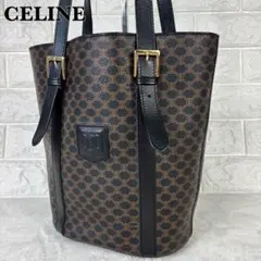 【美品】セリーヌ マカダム柄 トートバック バケツ型 ロゴ PVC 黒×茶