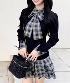 INGNI チェック柄ボウタイシャツドッキングニットワンピースブラック×ブラック