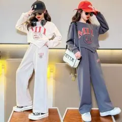 キッズ　トレーナー　140 スウェット　セットアップ　ワイドパンツ　グレー　韓国
