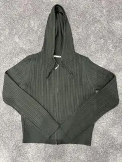 美品【GU】ダークグリーン リブ編み ジップアップ フード付きニットパーカー