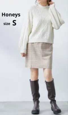 Honeys　チェック柄　台形ミニスカート　S　タイト　ベージュ
