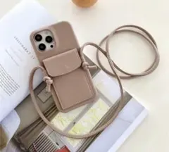 人気 ベージュ iPhoneケース 15pro ショルダーストラップ