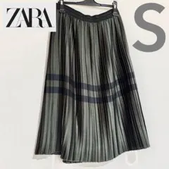 ZARA ウエスト総ゴム オリーブグリーン プリーツスカート 膝下