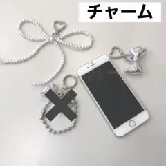 パール　シルバー　リボンチャーム　キーホルダー　キーリング　新品　バッグ　スマホ