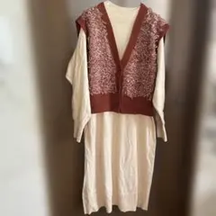 ブラウンニットカーディガン付きワンピース