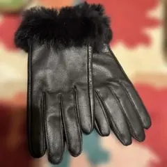 新品未使用黒レザー ファー付き手袋 黒レザー