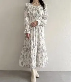 apres jour アプレジュール 花柄フリルクロスワンピース 花柄ブルー系