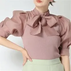 INGNI 2WAYボウタイ袖異素材　ニット　ピンクパープル　パフスリーブ