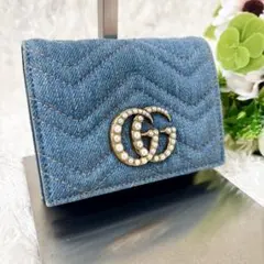 美品 人気 希少 グッチ 二つ折り財布 デニム マーモント GG パール