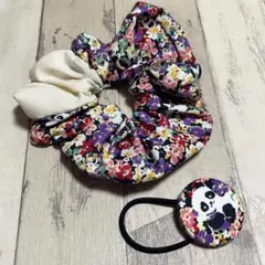 S33★くるみボタンヘアゴム ＆シュシュ　花柄　パンダちゃん　かくれんぼ柄