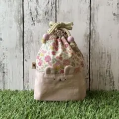 【生えくまの巾着】オリジナルハンドメイド小物入れ　コップ袋　ピンク花柄　クマ
