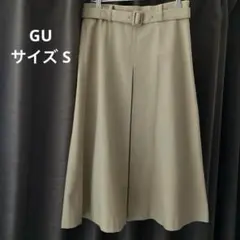 GU ジーユー センタープリーツスカート膝下丈ベージュ S コットン ベルト付き
