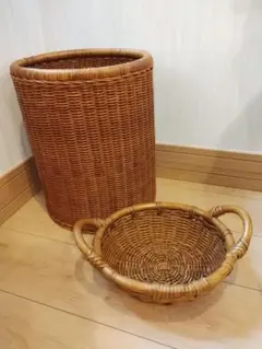 ヴィンテージ ラタン 籐家具 バスケット 2点セット 収納 かご ゴミ箱 