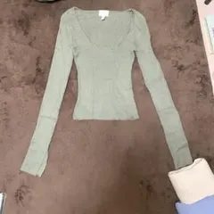 H&M リブニット 長袖 トップス グリーン