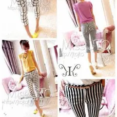 新品大きいサイズチェックorストライプストレッチ七分丈クロップドパンツ☆63