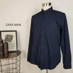 美品ZARA MAN長袖クロスドット柄タイニーカラーシャツ海外メンズXL紺白