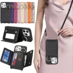 iPhone 13ProMaxケース ショルダーストラップ　カード収納 ミラー付