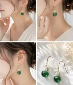 グリーンマーブルカボション×つぶつぶゴールド ピアス・イヤリング