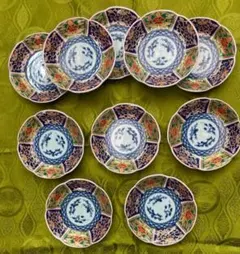 １０枚セット　有田焼　古伊万里　色絵　輪花皿　金彩錦唐草　取分け皿　おまとめ特価