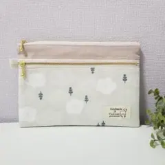 フラットポーチ 北欧丸花柄×ベージュ ハンドメイド