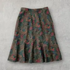 リーフ柄 パネル切替 Aラインスカート ミディ丈 日本製 15号 アースカラー