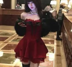 赤 ドレス クリスマス パーティ ボンデージ 小悪魔 光沢 高級感 ワンホン