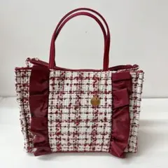 ツイード調　フリル　トートバッグ　ハンドバッグ　チャーム付　ガーリー　かわいい