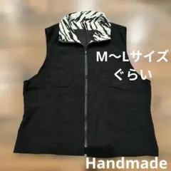 ハンドメイドレディースベスト　М〜Lサイズ　ブラック　ゼブラ柄　ポケット付き