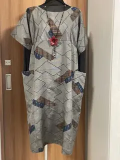 着物リメイク☆485大島紬チュニック／フリーサイズ