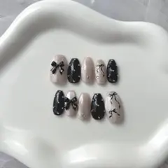 再販 黒 フレンチガーリー 量産型 リボン ドット ネイルチップ