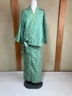 羽織 着物 深緑 M-19-02 深緑無地紬着物・グレー縞 格子羽織 - 円居