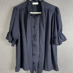 earth music&ecology リボン付きネイビー半袖シャツFREE春夏