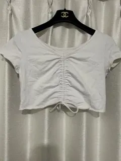 ミルババレエ・ヨガトップス ホワイト クロップドトップ 半袖 フロントギャザー