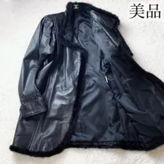 ★希少 ヴィンテージ カウレザー リアルファー ロングコート パフスリーブ 黒のサムネイル