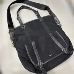 アニエスベー トートバッグ ブラック ナイロン×レザー 大容量 通勤 通学