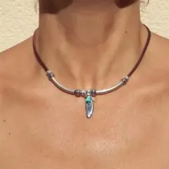 ネックレス チョーカー ターコイズブルー パール風 フェザーモチーフ エスニック