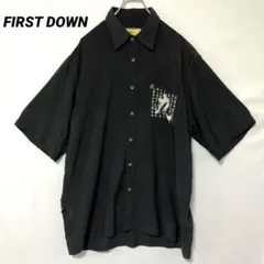 T-1379 FIRST DOWN 漢字プリント 半袖シャツ 書道柄 L 黒