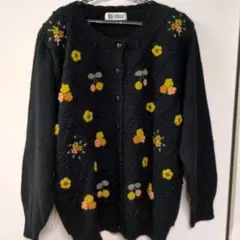 【CU-CULU】 花柄刺繍 ニットカーディガン　さくらんぼ モチーフ ポンポン
