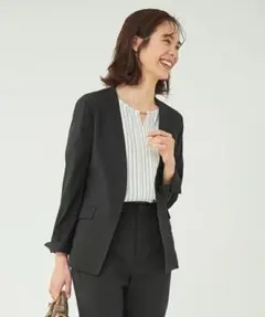 美品 アサストレッチ ノーラペルジャケット セットアップ可 カチリラ
