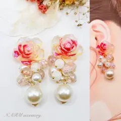 【436】新作❣️トレンド☆ ピンク薔薇カボション　ランダムパール　ビーズ