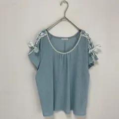 【アクシーズファム】編み上げ　リボン袖　半袖　レース　刺繍　カットソー　トップス