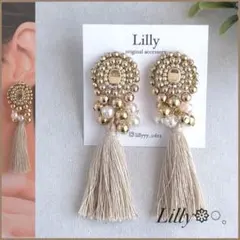 #1022 大ぶりピアス/タッセル/ビーズ刺繍/ゴールド/パール/ハンドメイド