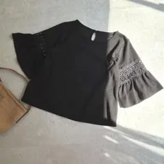 良品★ゆったりフレア 7分袖 刺繍レース ブラウス 黒 カットソー 式 オフィス