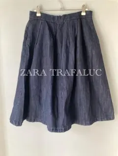ZARA ダークブルー デニム フレアスカート M 膝下丈 バックファスナー