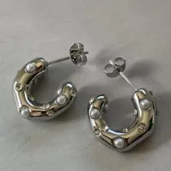 ピアス　ぷっくり　フープ　ハーフ　パール　ステンレス　チャンキー　Silver