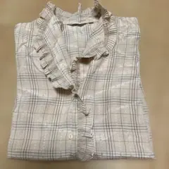 ベージュ チェック柄 フリル長袖シャツ　9号